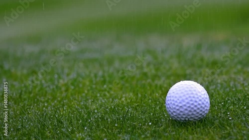 Golf ball resting on wet grass during a rainy day on the golf course field