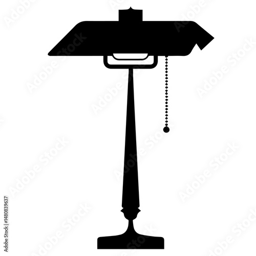 Silhouette of a classic banker’s lamp with a pull chain switch, iconic rectangular shade, and pedestal base, isolated on white background. Simple, vintage, and elegant office decor symbol.