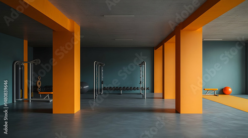 Wallpaper Mural Modern gym interior with teal walls, orange pillars, weight machines, and exercise balls Torontodigital.ca