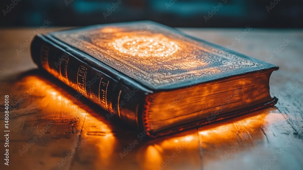 Illuminated antique book on wooden table (1) Illuminated antique book on wooden table (1)
