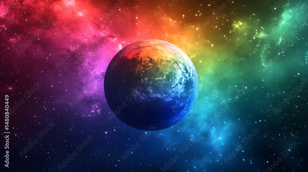 Obraz premium A vibrant, colorful depiction of Earth set against a cosmic background of swirling galaxies and stars.