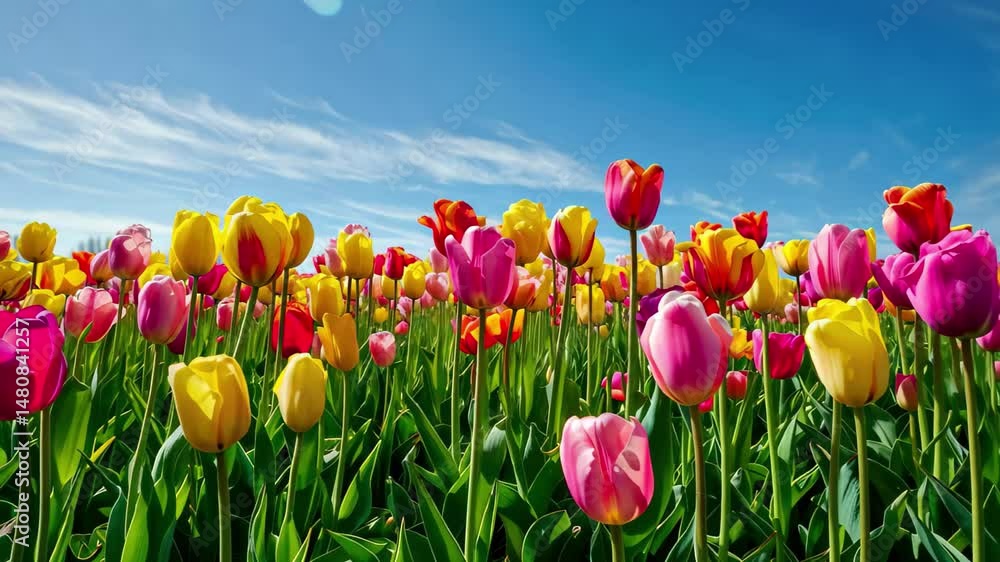 Colorful tulip field under bright blue sky with fluffy clouds during clear day in spring season, showcasing vibrant blooms in 4k resolution