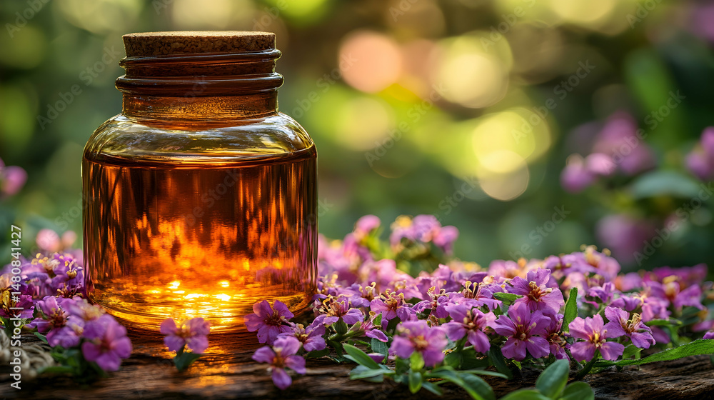 Amber glass bottle of essential oil rests on wood, surrounded by vibrant purple flowers in a natural setting Amber glass bottle of essential oil rests on wood, surrounded by vibrant purple flowers in a natural setting