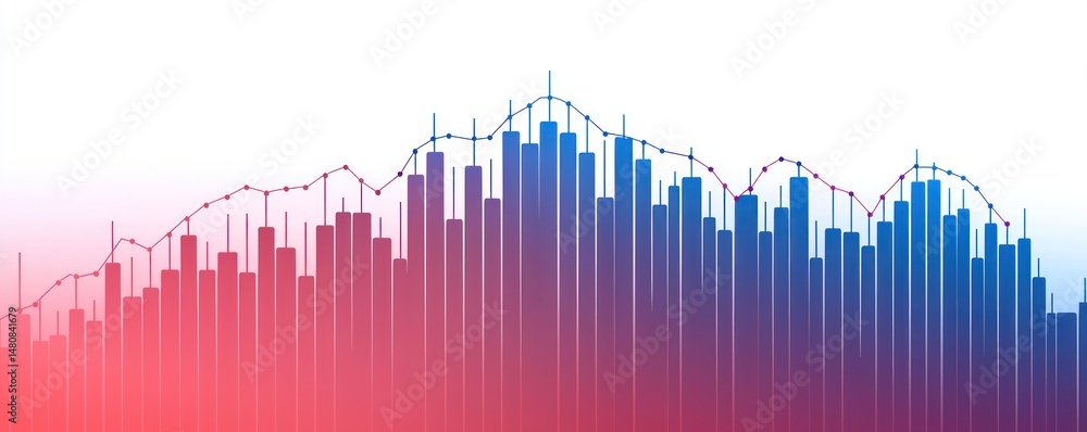 Abstract financial data visualization with bar chart and line graph, showing fluctuating market trends. Red to blue gradient background Abstract financial data visualization with bar chart and line graph, showing fluctuating market trends. Red to blue gradient background