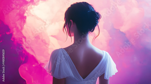 A young Asian woman in a delicate white dress, viewed from the back against a dreamy pink abstract background.