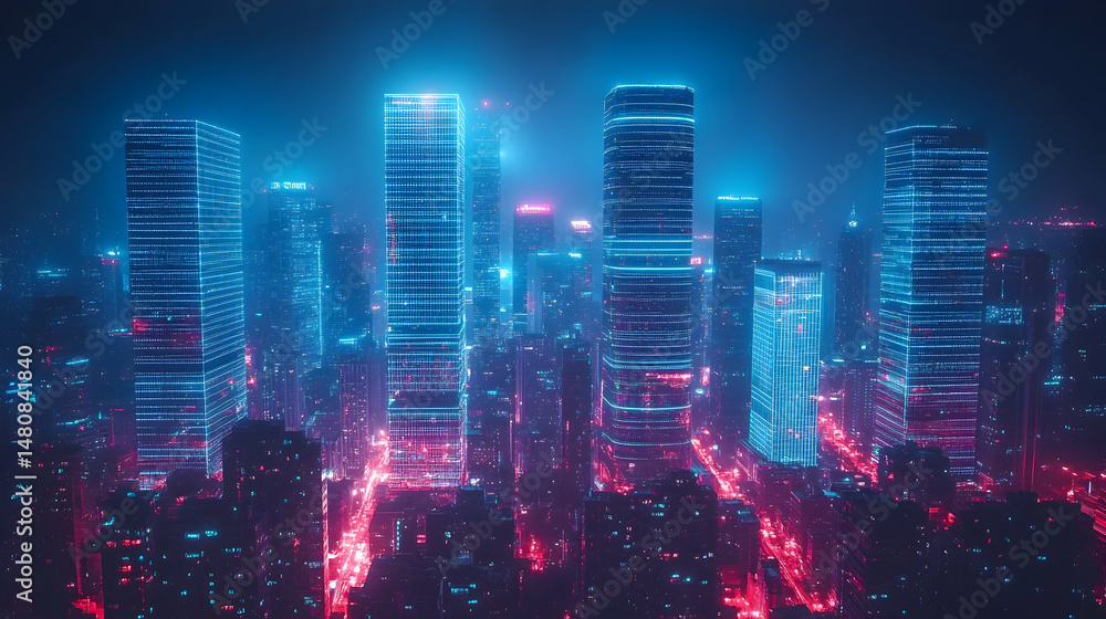 Neon-lit futuristic cityscape at night, showcasing towering skyscrapers with vibrant blue and pink digital outlines Neon-lit futuristic cityscape at night, showcasing towering skyscrapers with vibrant blue and pink digital outlines