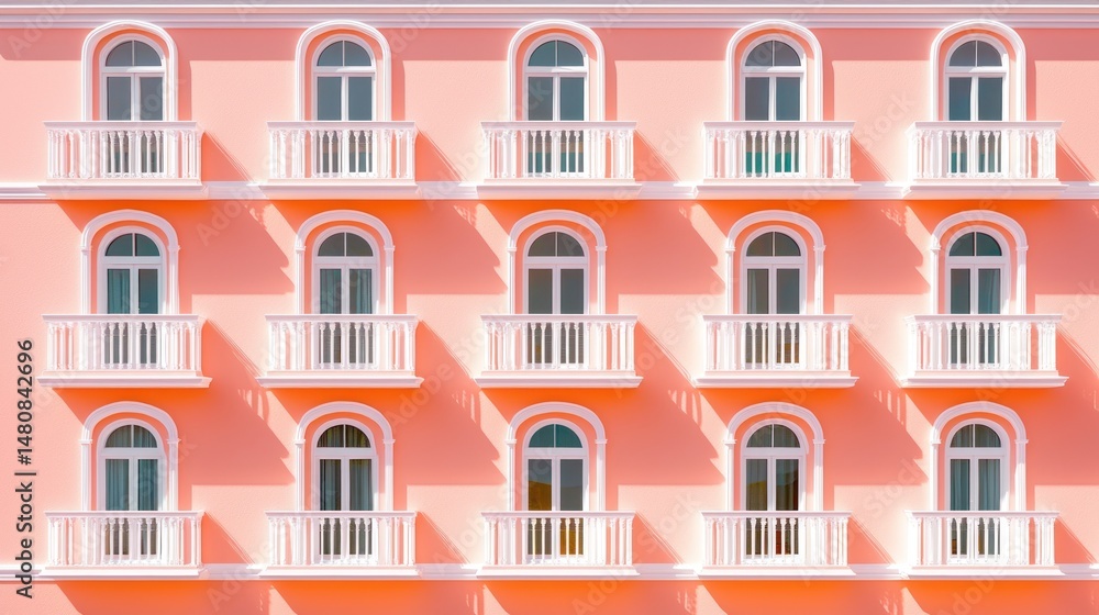 Architectural facade showcasing windows with balconies on a pink building Architectural facade showcasing windows with balconies on a pink building