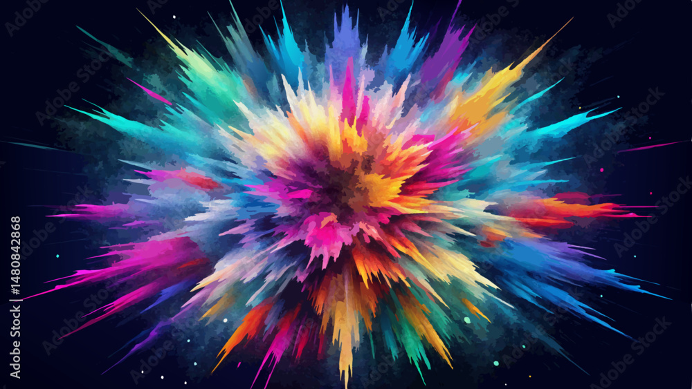 An explosion of vibrant colored powder ignites the darkness, scattering brilliant hues across the deep black background. A moment of pure energy frozen in tim An explosion of vibrant colored powder ignites the darkness, scattering brilliant hues across the deep black background. A moment of pure energy frozen in tim