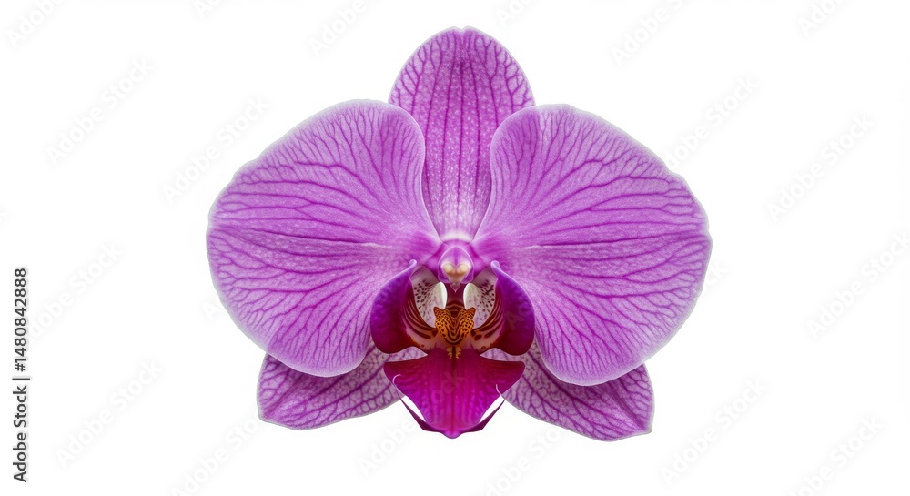 Obraz premium Elegant Purple Orchid Blossom - A close-up shot of a single, vibrant purple orchid flower isolated on a white background. Perfect for spa, beauty, or floral designs