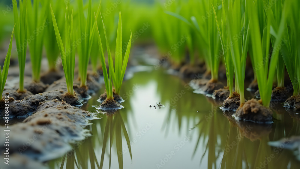 Green rice sprouts growing in flooded silty soil with perfect water reflections and crack patterns. Green rice sprouts growing in flooded silty soil with perfect water reflections and crack patterns.