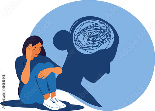 Depressed woman sitting on floor and hugging knees. Mental health concept. Depression, bipolar disorder, obsessive compulsive, post traumatic stress disorder.