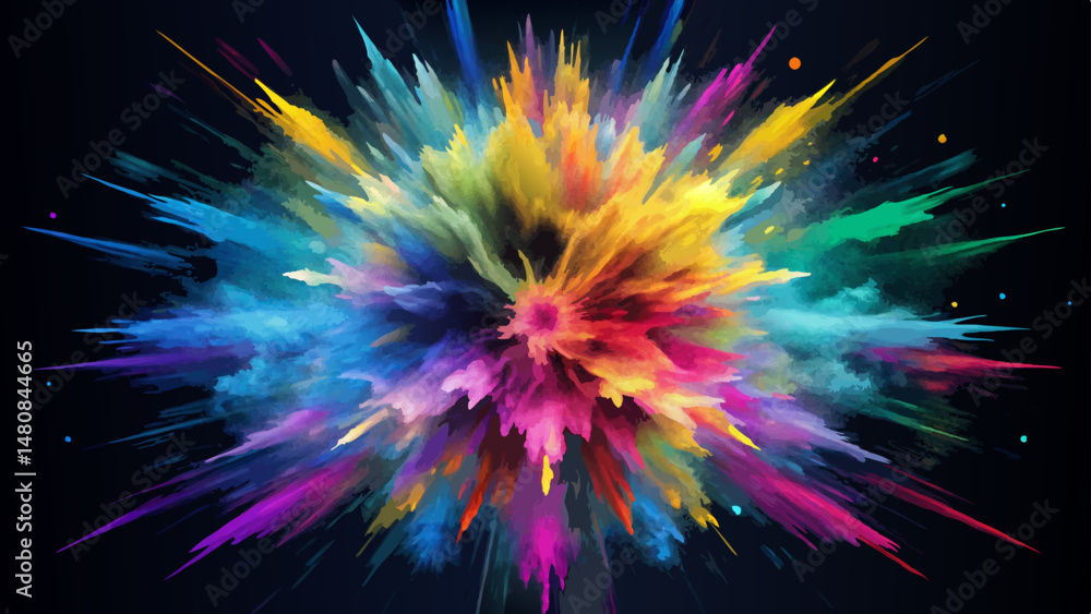 An explosion of vibrant colored powder ignites the darkness, scattering brilliant hues across the deep black background. A moment of pure energy frozen in tim An explosion of vibrant colored powder ignites the darkness, scattering brilliant hues across the deep black background. A moment of pure energy frozen in tim