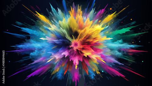  An explosion of vibrant colored powder ignites the darkness, scattering brilliant hues across the deep black background. A moment of pure energy frozen in tim