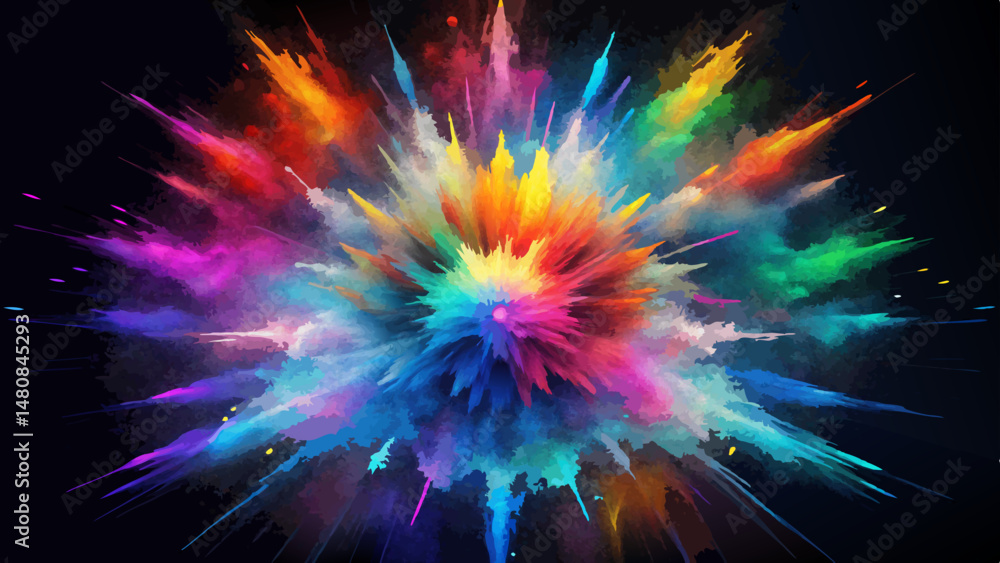 An explosion of vibrant colored powder ignites the darkness, scattering brilliant hues across the deep black background. A moment of pure energy frozen in tim An explosion of vibrant colored powder ignites the darkness, scattering brilliant hues across the deep black background. A moment of pure energy frozen in tim