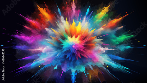  An explosion of vibrant colored powder ignites the darkness, scattering brilliant hues across the deep black background. A moment of pure energy frozen in tim