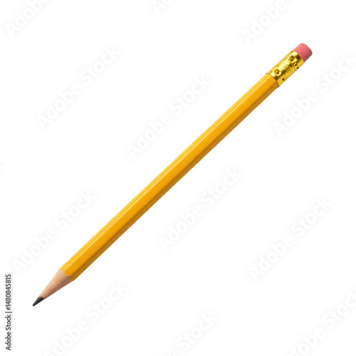 Yellow pencil with eraser, isolated on transparent background
