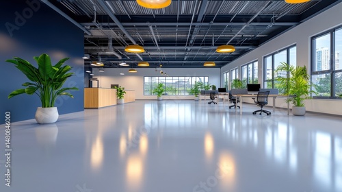 Spacious modern office interior with plants and ample natural light