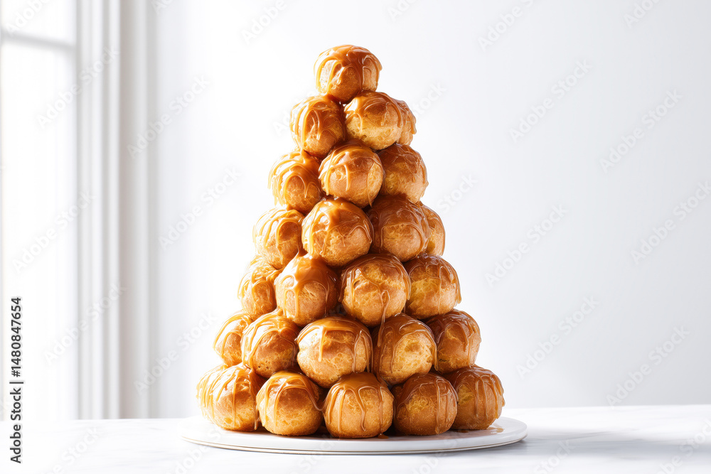 Fototapeta premium A delicious croquembouche of freshly baked profiteroles with shiny caramel, set against a light background