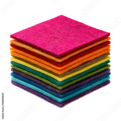 A vibrant stack of colorful felt fabric squares arranged in a rainbow gradient. Craft material for DIY projects, isolated on a white background.