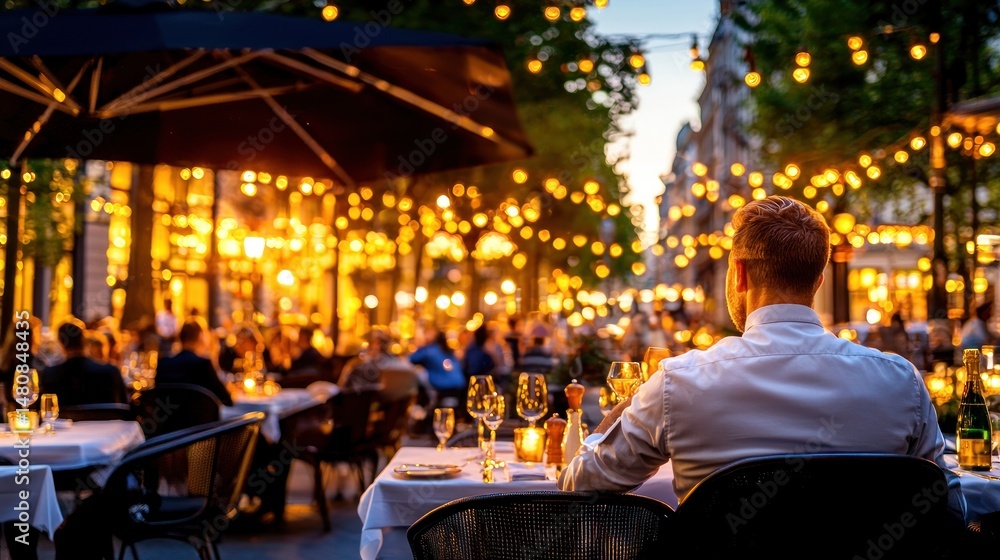 Man sits at illuminated outdoor restaurant enjoying the evening Man sits at illuminated outdoor restaurant enjoying the evening