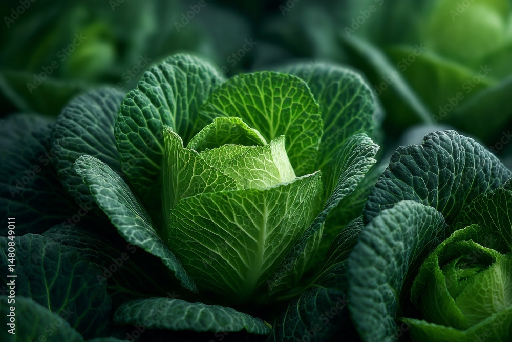 Obraz premium Fresh vibrant green cabbage growing in field with detailed leaf texture and organic food crop, healthy eating and agricultural harvest