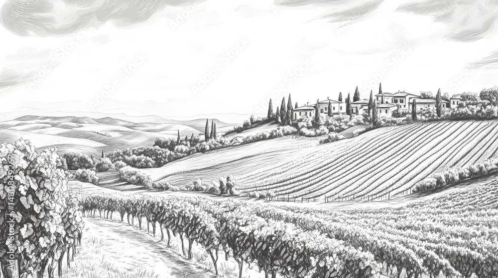 Fototapeta premium A scenic black and white illustration of rolling vineyards and a countryside villa under a cloudy sky.