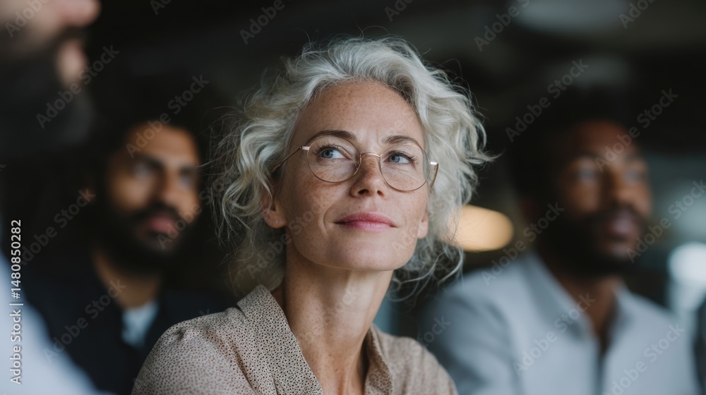 Fototapeta premium Female Leader Addressing Multicultural Team During Meeting with Engaging Expression and Professional Atmosphere in Modern Workspace