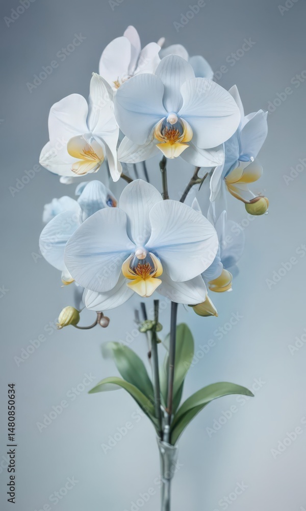 Obraz premium Watercolor painting of Philippine Phalaenopsis orchids against a soft blue wash Petals show fine details , close up, artistic, illustration