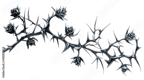 Dark and intricate black rose branch with imposing thorns, creating a striking visual contrast.