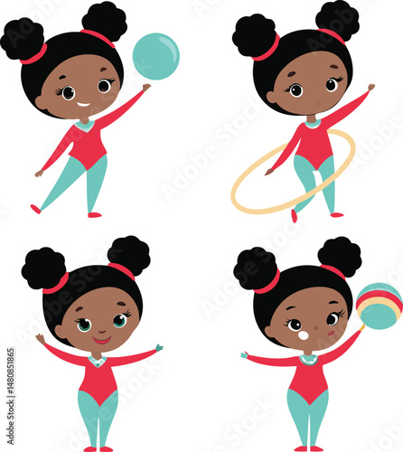 Four images of a girl doing gymnastics with different equipment