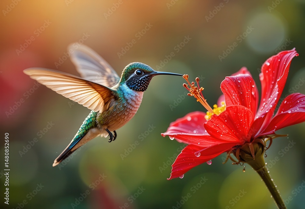 Naklejka premium Hummingbird hovering near a vibrant red flower during a sunny day in a lush garden