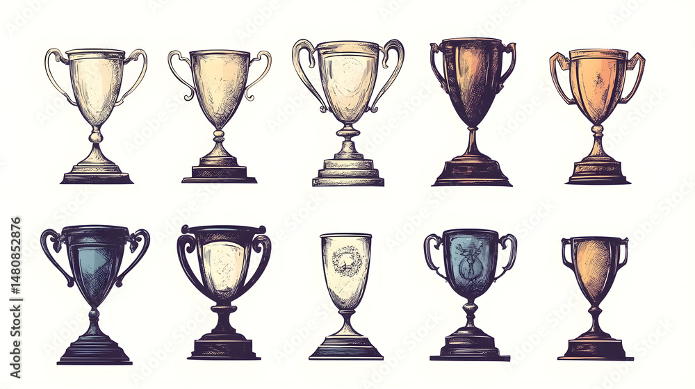 A collection of decorative trophies showcasing various designs and colors, symbolizing achievement and excellence. A collection of decorative trophies showcasing various designs and colors, symbolizing achievement and excellence.