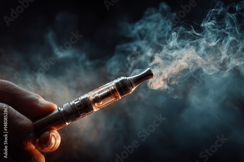 Hand Holding Vaping Device Exhaling Vapor Cloud in a Dark Studio Setting for Relaxing and Smoking Alternative Concept
