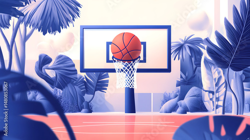 An artistic blue-toned illustration of a basketball hoop surrounded by lush tropical foliage.