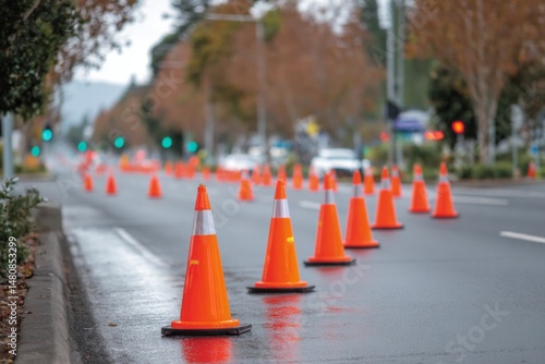Long row of traffic cones on wet asphalt roadway, construction site safety measures, traffic control for road maintenance