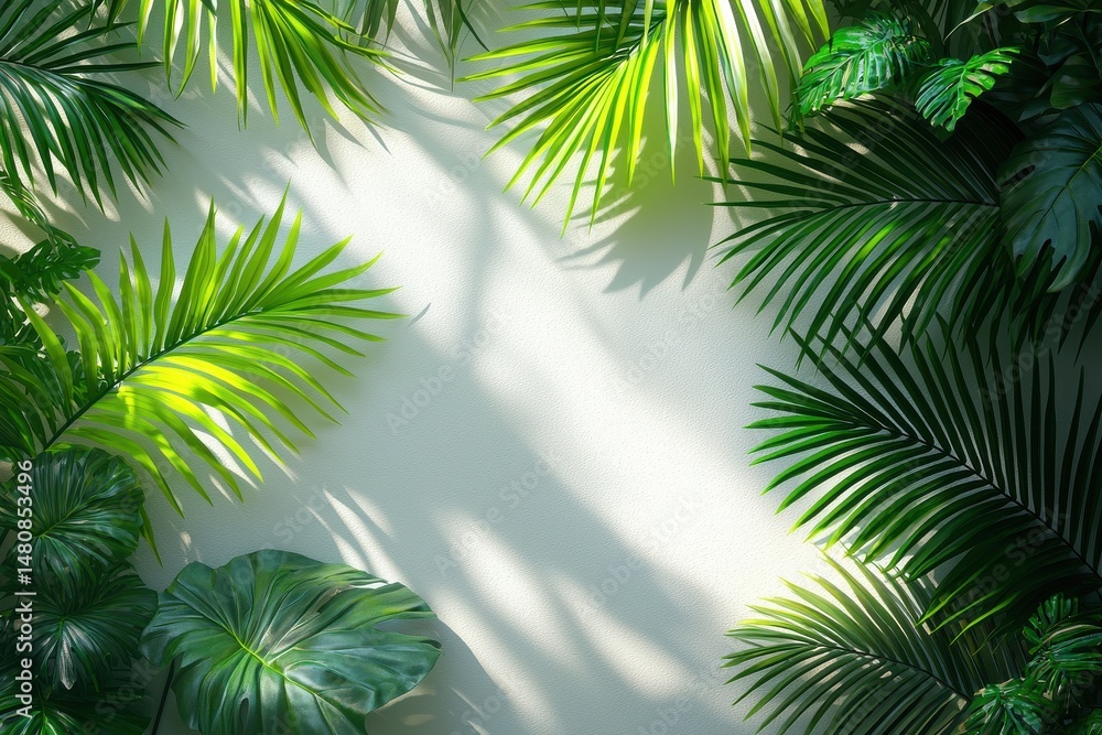 Fototapeta premium Green tropical palm leaves casting shadows on a white textured background