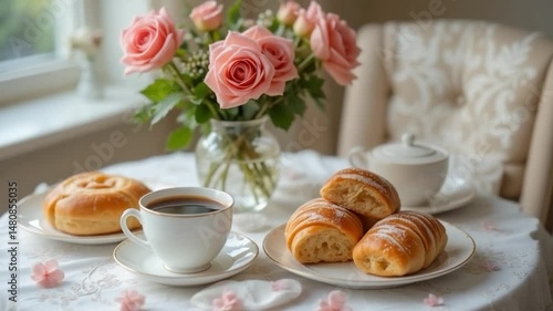 Wallpaper Mural Breakfast table setting with roses and pastries Torontodigital.ca