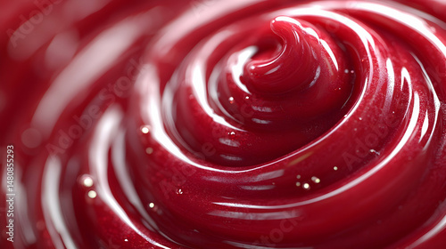 Swirling, glossy crimson substance with subtle sparkle, creating a mesmerizing spiral pattern