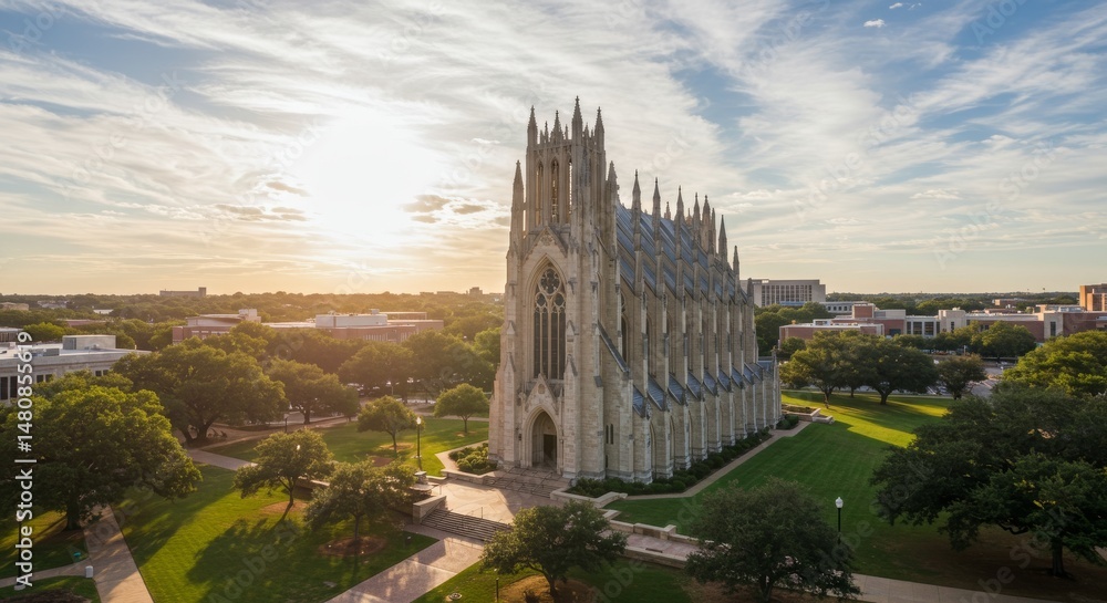 Obraz premium Majestic Cathedral at Sunset - A stunning aerial view of a grand cathedral bathed in the golden light of sunset, surrounded by lush green lawns and trees