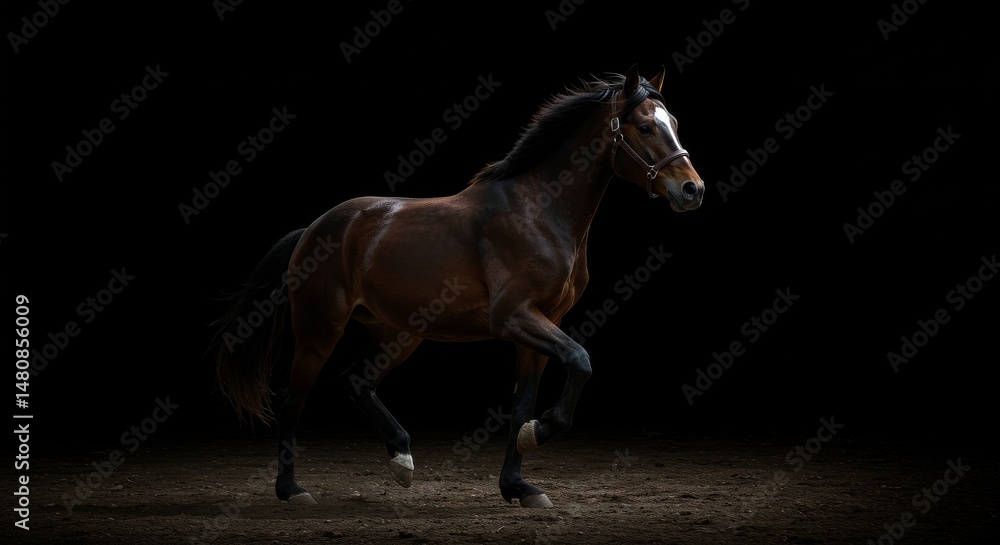 Obraz premium Majestic Stallion Galloping Night Dramatic - A powerful stallion gallops across a dark background, symbolizing freedom, strength, grace, power, and elegance