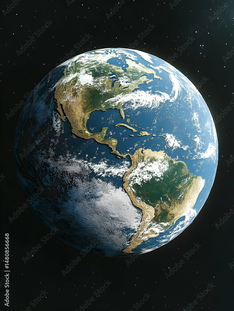 Naklejka premium A detailed view of Earth, showcasing North and South America, the Caribbean, and surrounding oceans, against the backdrop of space