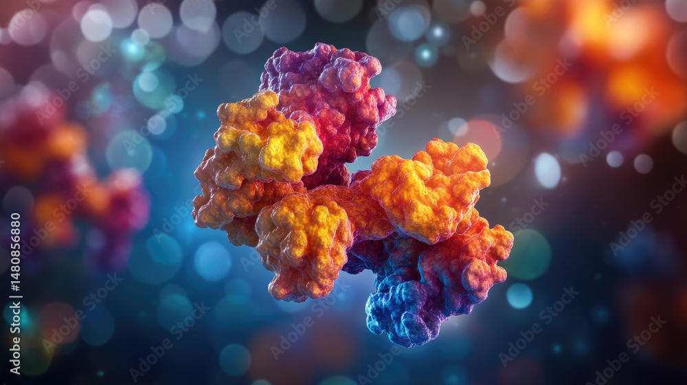 Fototapeta premium Close-up view of a vibrant, multi-colored biological molecule, bokeh background