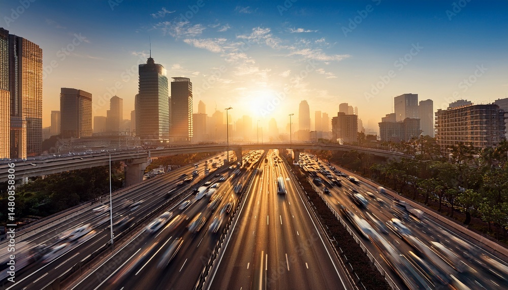 Fototapeta premium a wide shot of a busy highway in the city with the sun rising in the background