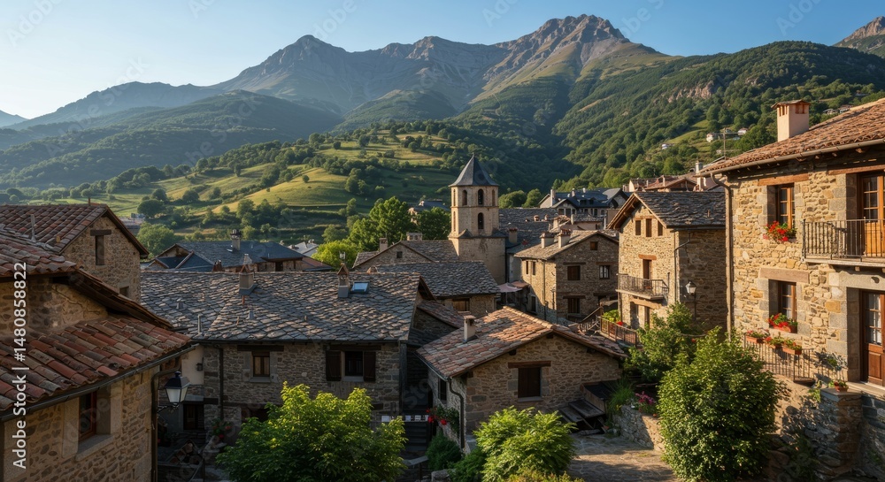 Mountain Village Scenic View - Charming stone village nestled in a picturesque mountain valley, bathed in sunlight. Traditional architecture and breathtaking landscape Mountain Village Scenic View - Charming stone village nestled in a picturesque mountain valley, bathed in sunlight. Traditional architecture and breathtaking landscape