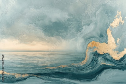 Abstract seascape painting with teal and gold accents, depicting a tranquil ocean under a dramatic sky.