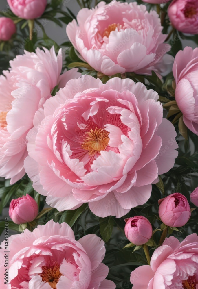 Fototapeta premium Fresh pink peony and rose blooms, whitespace Ideal for feminine designs , white, petals
