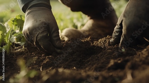Gloved hands cultivating young plants in dark soil
