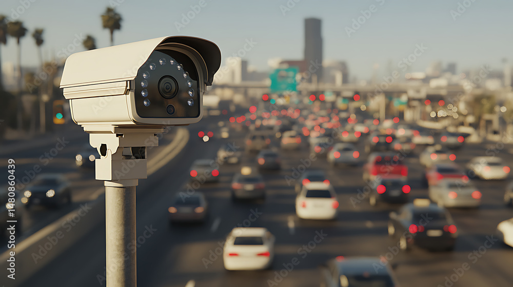 Traffic monitoring: A security camera overlooks a busy highway, ensuring road safety and traffic management. Urban surveillance at its finest. Traffic monitoring: A security camera overlooks a busy highway, ensuring road safety and traffic management. Urban surveillance at its finest.
