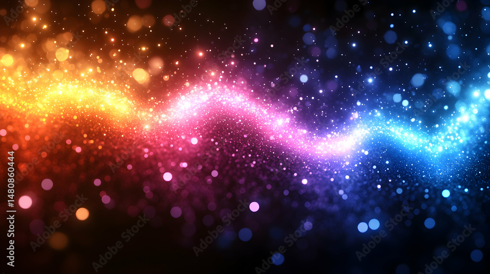 Fototapeta premium Vibrant, wavy light particles shimmer in orange, pink, and blue hues against a dark background