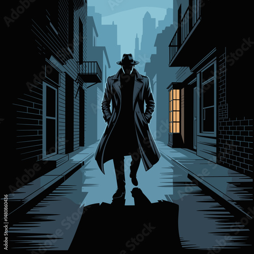Mystery Figure Walking Through Noir City Alley at Night